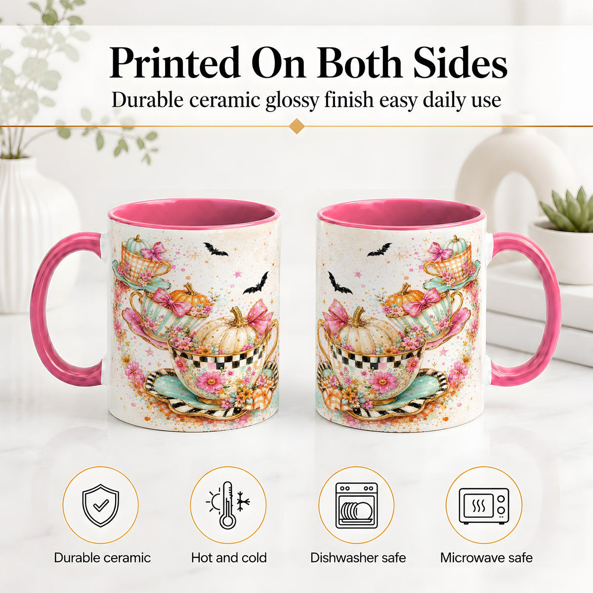 #pl[11oz|Pink] Pumpkin Tea Cup Ceramic Coffee Cup, Mug with Floral Bow Artwork