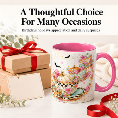 #pl[11oz|Pink] Pumpkin Tea Cup Ceramic Coffee Cup, Mug with Floral Bow Artwork