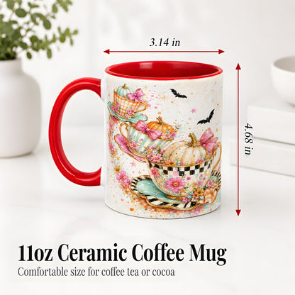 #pl[11oz|Red] Pumpkin Tea Cup Ceramic Coffee Cup, Mug with Floral Bow Artwork