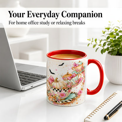 #pl[11oz|Red] Pumpkin Tea Cup Ceramic Coffee Cup, Mug with Floral Bow Artwork