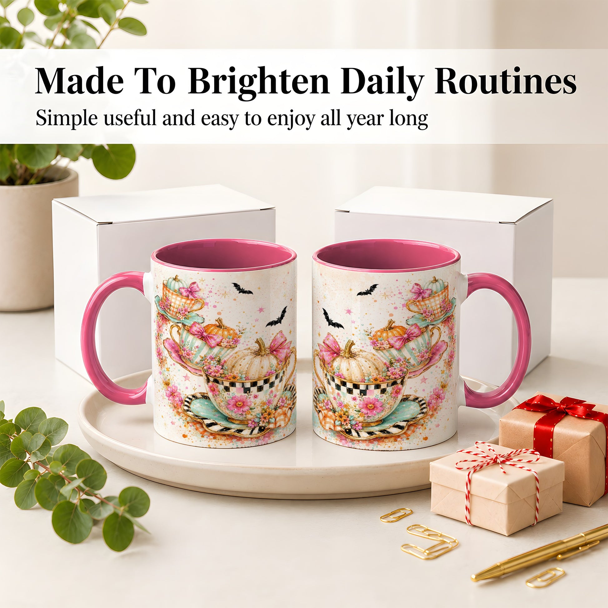 #pl[11oz|Pink] Pumpkin Tea Cup Ceramic Coffee Cup, Mug with Floral Bow Artwork