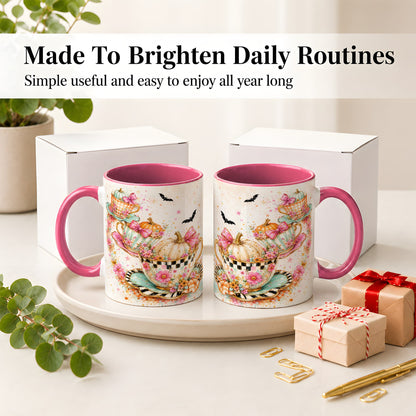 #pl[11oz|Pink] Pumpkin Tea Cup Ceramic Coffee Cup, Mug with Floral Bow Artwork
