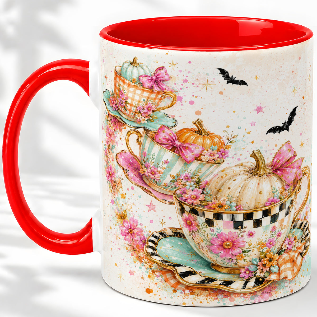 Pumpkin Tea Cup Ceramic Coffee Cup, Mug with Floral Bow Artwork