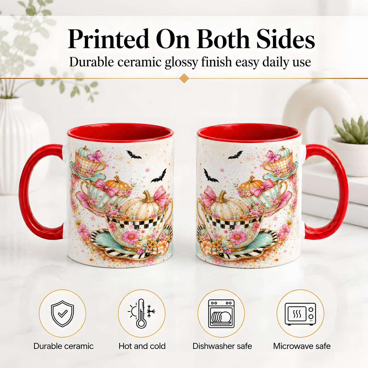 #pl[11oz|Red] Pumpkin Tea Cup Ceramic Coffee Cup, Mug with Floral Bow Artwork