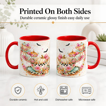 #pl[11oz|Red] Pumpkin Tea Cup Ceramic Coffee Cup, Mug with Floral Bow Artwork