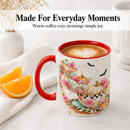 #pl[11oz|Red] Pumpkin Tea Cup Ceramic Coffee Cup, Mug with Floral Bow Artwork