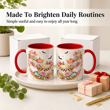 #pl[11oz|Red] Pumpkin Tea Cup Ceramic Coffee Cup, Mug with Floral Bow Artwork
