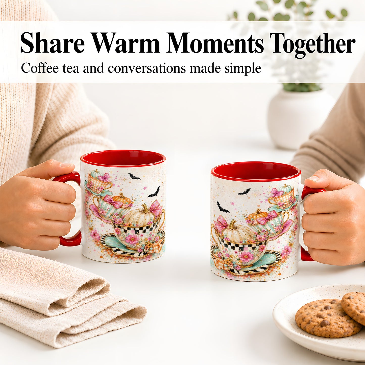 #pl[11oz|Red] Pumpkin Tea Cup Ceramic Coffee Cup, Mug with Floral Bow Artwork