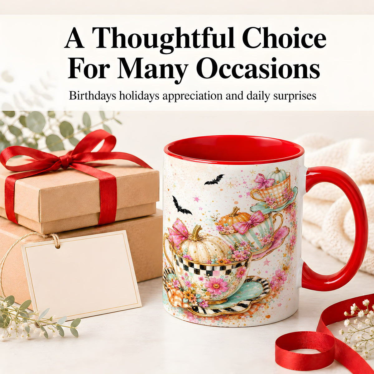 #pl[11oz|Red] Pumpkin Tea Cup Ceramic Coffee Cup, Mug with Floral Bow Artwork