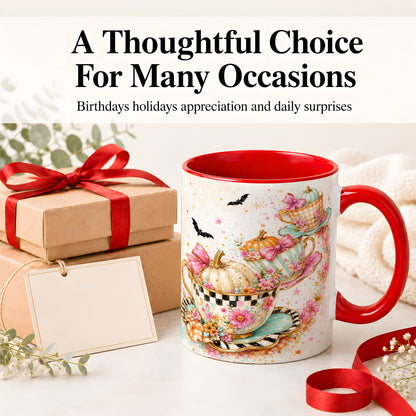 #pl[11oz|Red] Pumpkin Tea Cup Ceramic Coffee Cup, Mug with Floral Bow Artwork