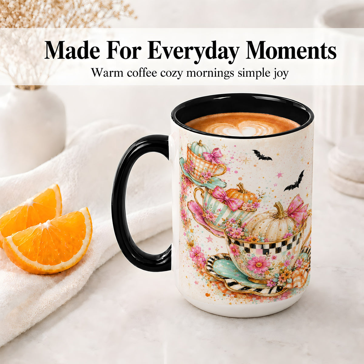 #pl[15oz|Black] Pumpkin Tea Cup Ceramic Coffee Cup, Mug with Floral Bow Artwork