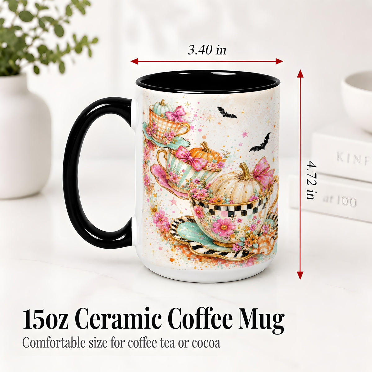 #pl[15oz|Black] Pumpkin Tea Cup Ceramic Coffee Cup, Mug with Floral Bow Artwork