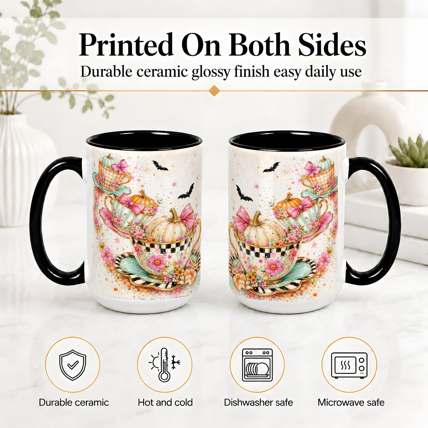 #pl[15oz|Black] Pumpkin Tea Cup Ceramic Coffee Cup, Mug with Floral Bow Artwork