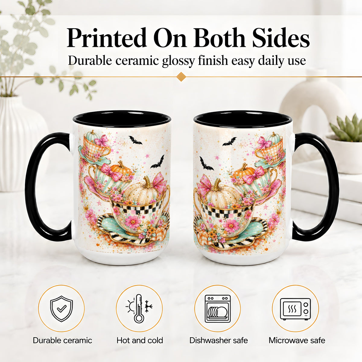 #pl[15oz|Black] Pumpkin Tea Cup Ceramic Coffee Cup, Mug with Floral Bow Artwork