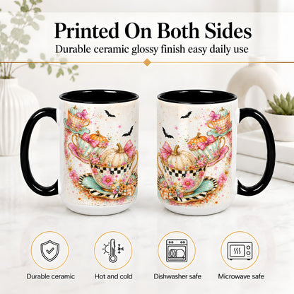 #pl[15oz|Black] Pumpkin Tea Cup Ceramic Coffee Cup, Mug with Floral Bow Artwork