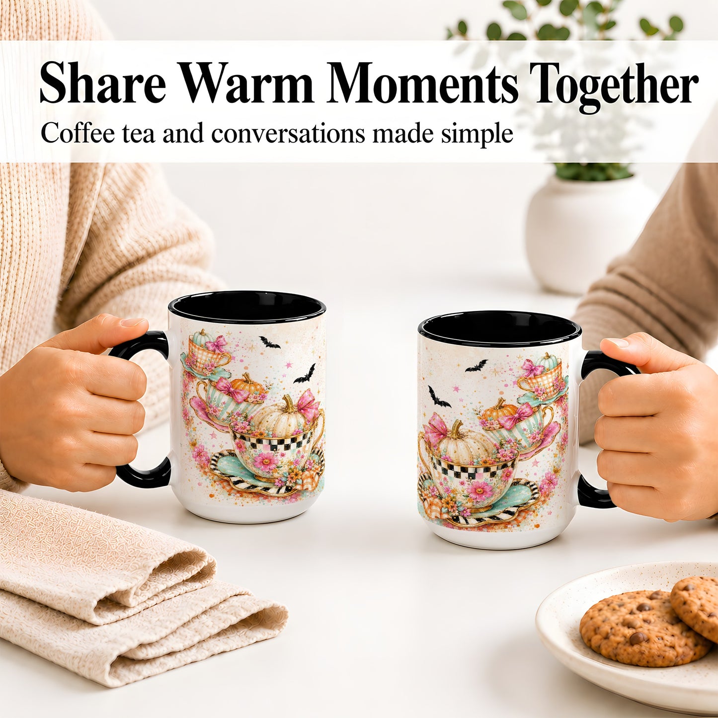 #pl[15oz|Black] Pumpkin Tea Cup Ceramic Coffee Cup, Mug with Floral Bow Artwork