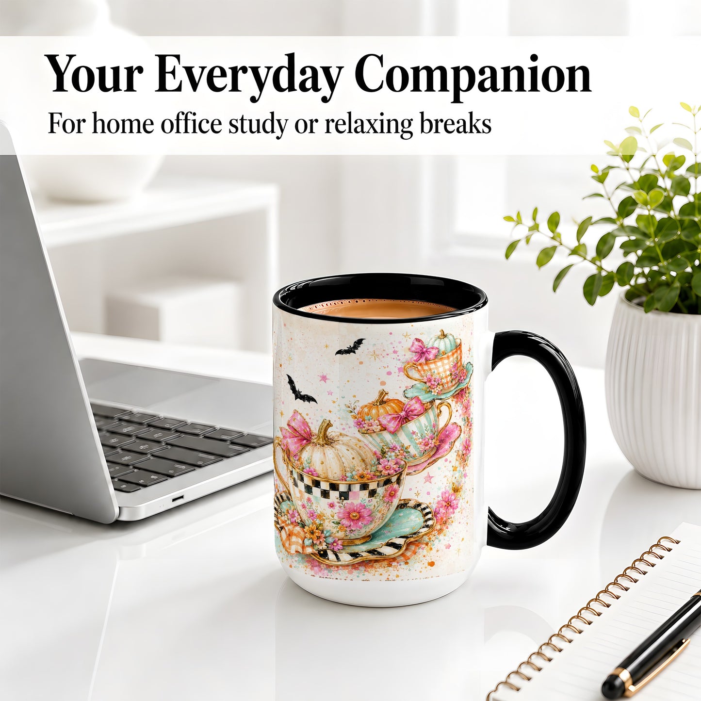 #pl[15oz|Black] Pumpkin Tea Cup Ceramic Coffee Cup, Mug with Floral Bow Artwork