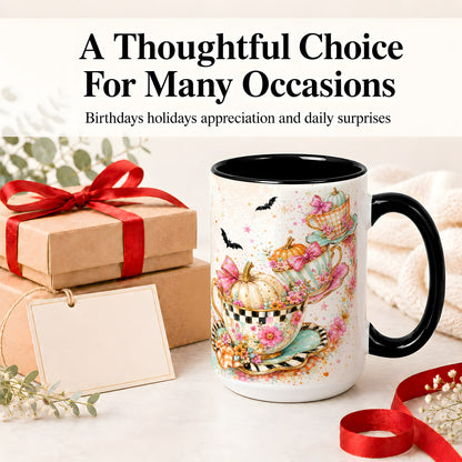 #pl[15oz|Black] Pumpkin Tea Cup Ceramic Coffee Cup, Mug with Floral Bow Artwork