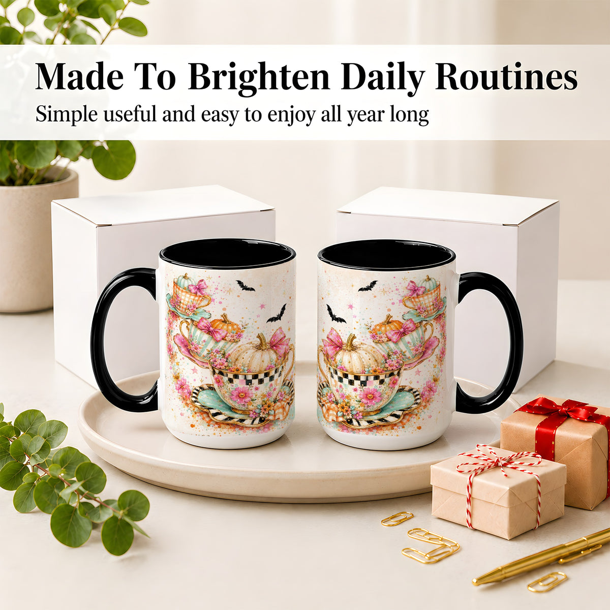 #pl[15oz|Black] Pumpkin Tea Cup Ceramic Coffee Cup, Mug with Floral Bow Artwork