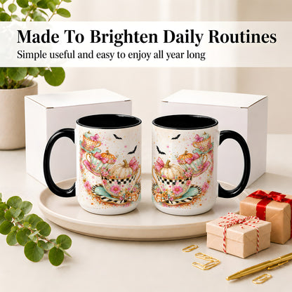 #pl[15oz|Black] Pumpkin Tea Cup Ceramic Coffee Cup, Mug with Floral Bow Artwork