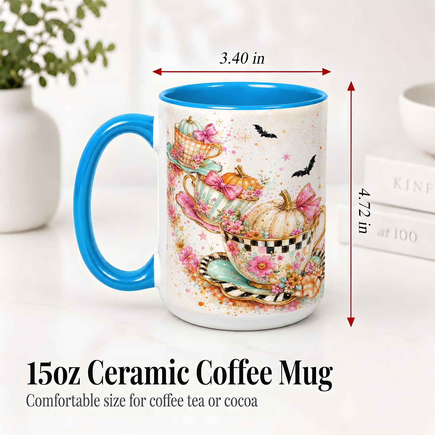 #pl[15oz|Blue] Pumpkin Tea Cup Ceramic Coffee Cup, Mug with Floral Bow Artwork