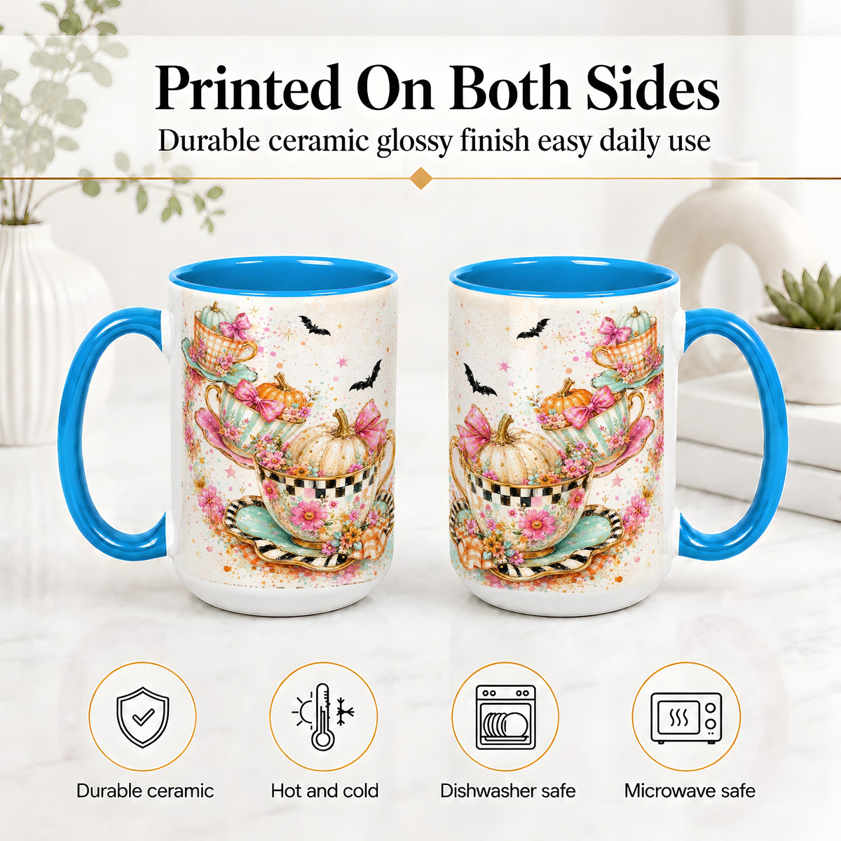 #pl[15oz|Blue] Pumpkin Tea Cup Ceramic Coffee Cup, Mug with Floral Bow Artwork