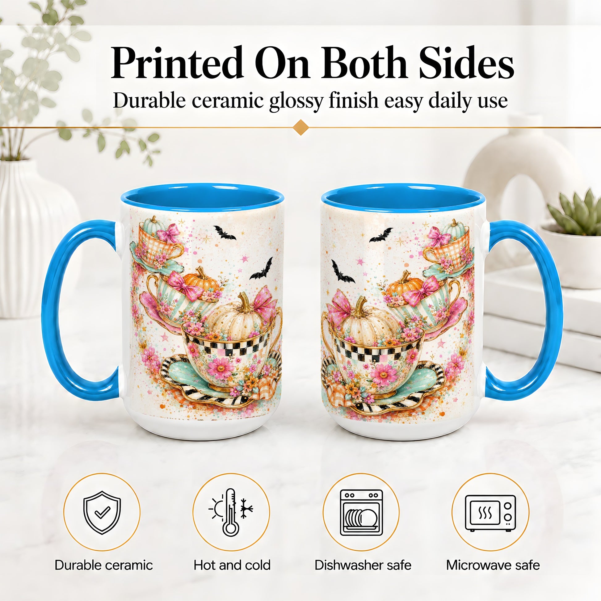 #pl[15oz|Blue] Pumpkin Tea Cup Ceramic Coffee Cup, Mug with Floral Bow Artwork