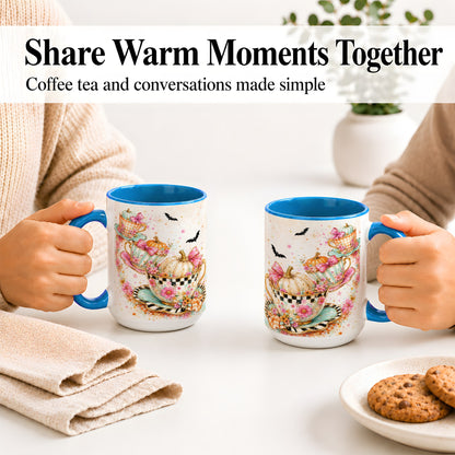 #pl[15oz|Blue] Pumpkin Tea Cup Ceramic Coffee Cup, Mug with Floral Bow Artwork
