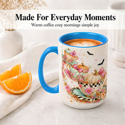 #pl[15oz|Blue] Pumpkin Tea Cup Ceramic Coffee Cup, Mug with Floral Bow Artwork