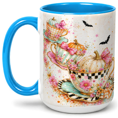 #pl[15oz|Blue] Pumpkin Tea Cup Ceramic Coffee Cup, Mug with Floral Bow Artwork