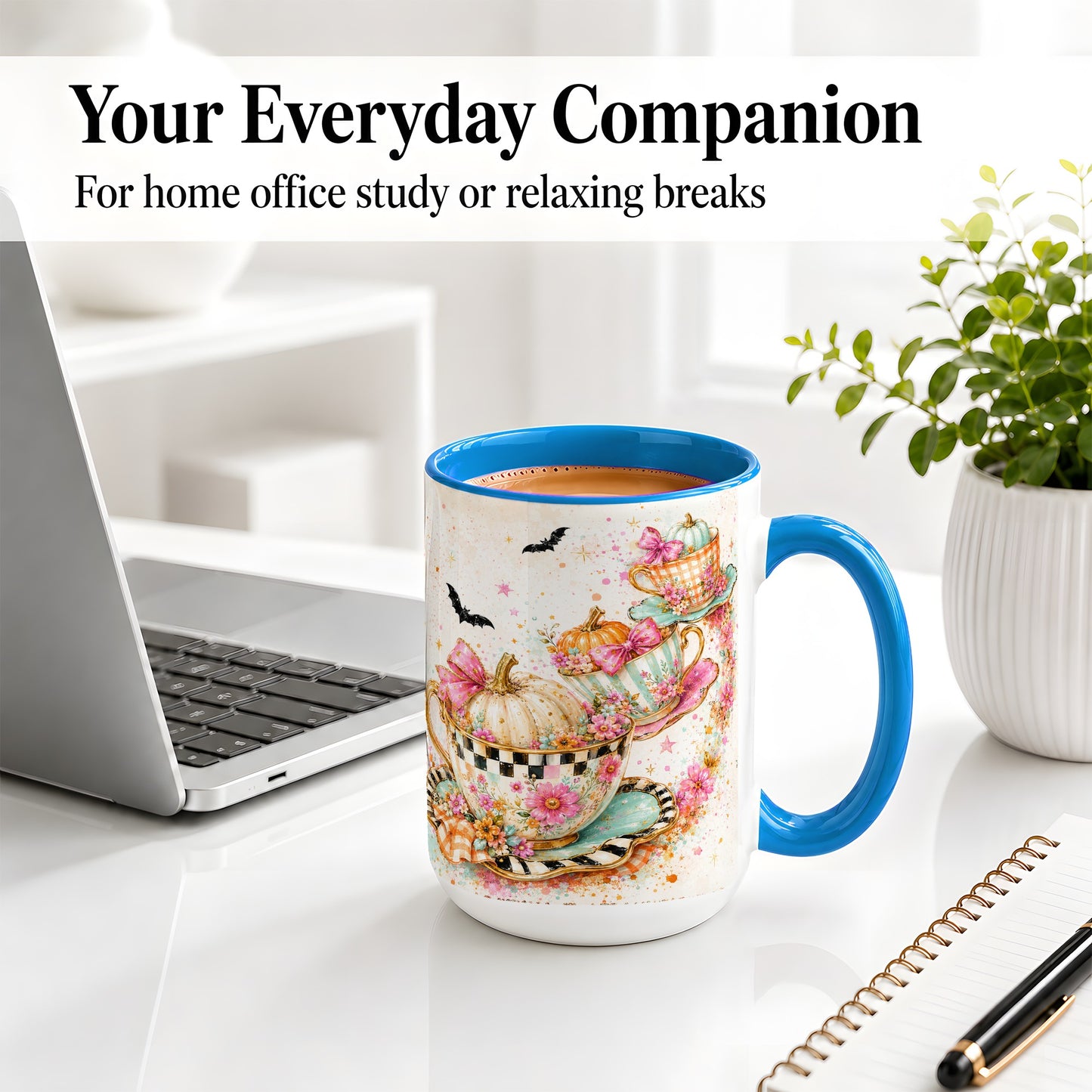 #pl[15oz|Blue] Pumpkin Tea Cup Ceramic Coffee Cup, Mug with Floral Bow Artwork