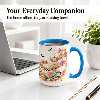 #pl[15oz|Blue] Pumpkin Tea Cup Ceramic Coffee Cup, Mug with Floral Bow Artwork