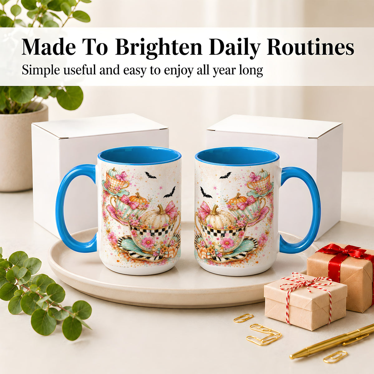 #pl[15oz|Blue] Pumpkin Tea Cup Ceramic Coffee Cup, Mug with Floral Bow Artwork