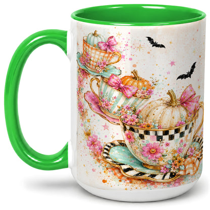 #pl[15oz|Green] Pumpkin Tea Cup Ceramic Coffee Cup, Mug with Floral Bow Artwork
