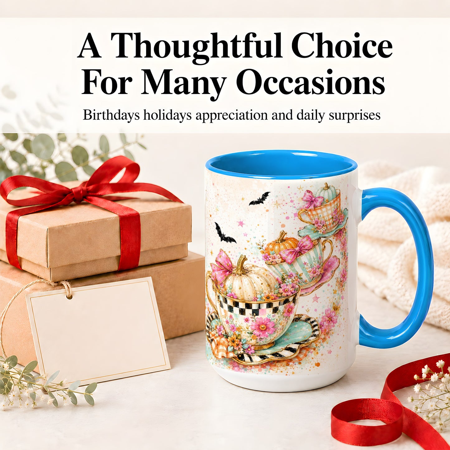 #pl[15oz|Blue] Pumpkin Tea Cup Ceramic Coffee Cup, Mug with Floral Bow Artwork