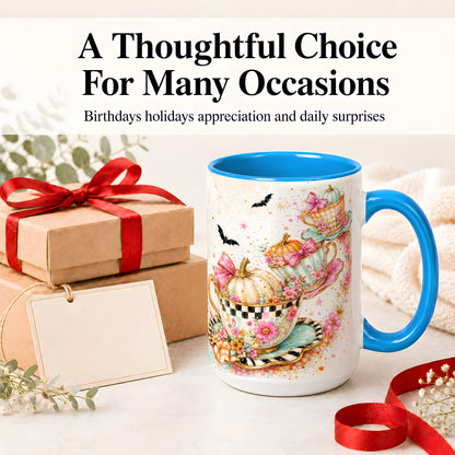 #pl[15oz|Blue] Pumpkin Tea Cup Ceramic Coffee Cup, Mug with Floral Bow Artwork