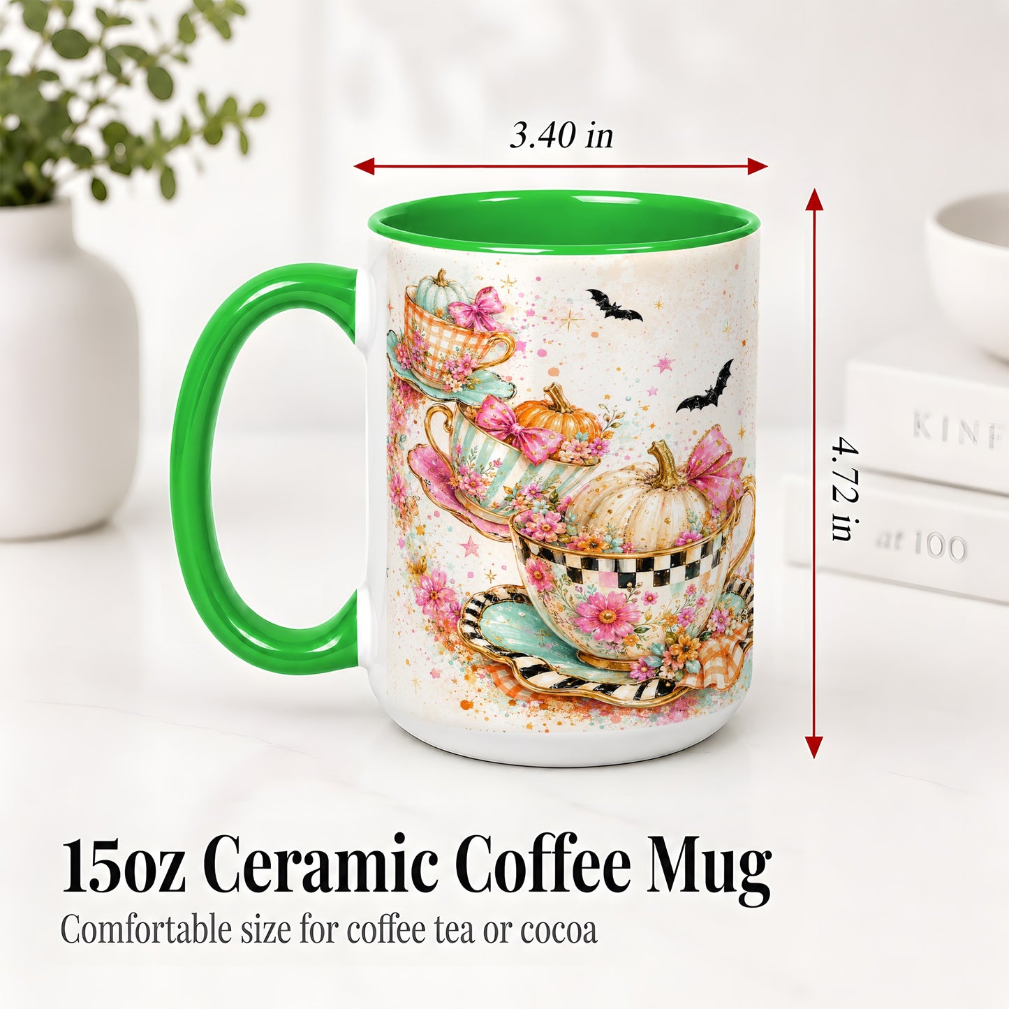 #pl[15oz|Green] Pumpkin Tea Cup Ceramic Coffee Cup, Mug with Floral Bow Artwork