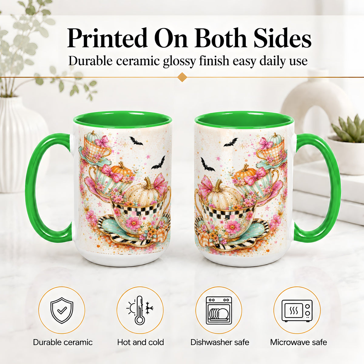 #pl[15oz|Green] Pumpkin Tea Cup Ceramic Coffee Cup, Mug with Floral Bow Artwork