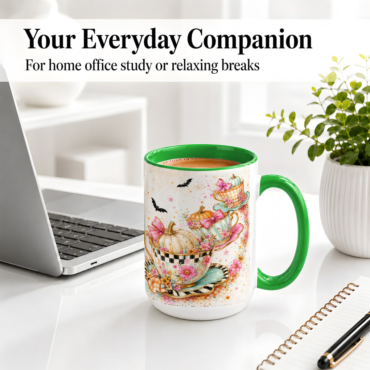 #pl[15oz|Green] Pumpkin Tea Cup Ceramic Coffee Cup, Mug with Floral Bow Artwork