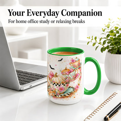 #pl[15oz|Green] Pumpkin Tea Cup Ceramic Coffee Cup, Mug with Floral Bow Artwork