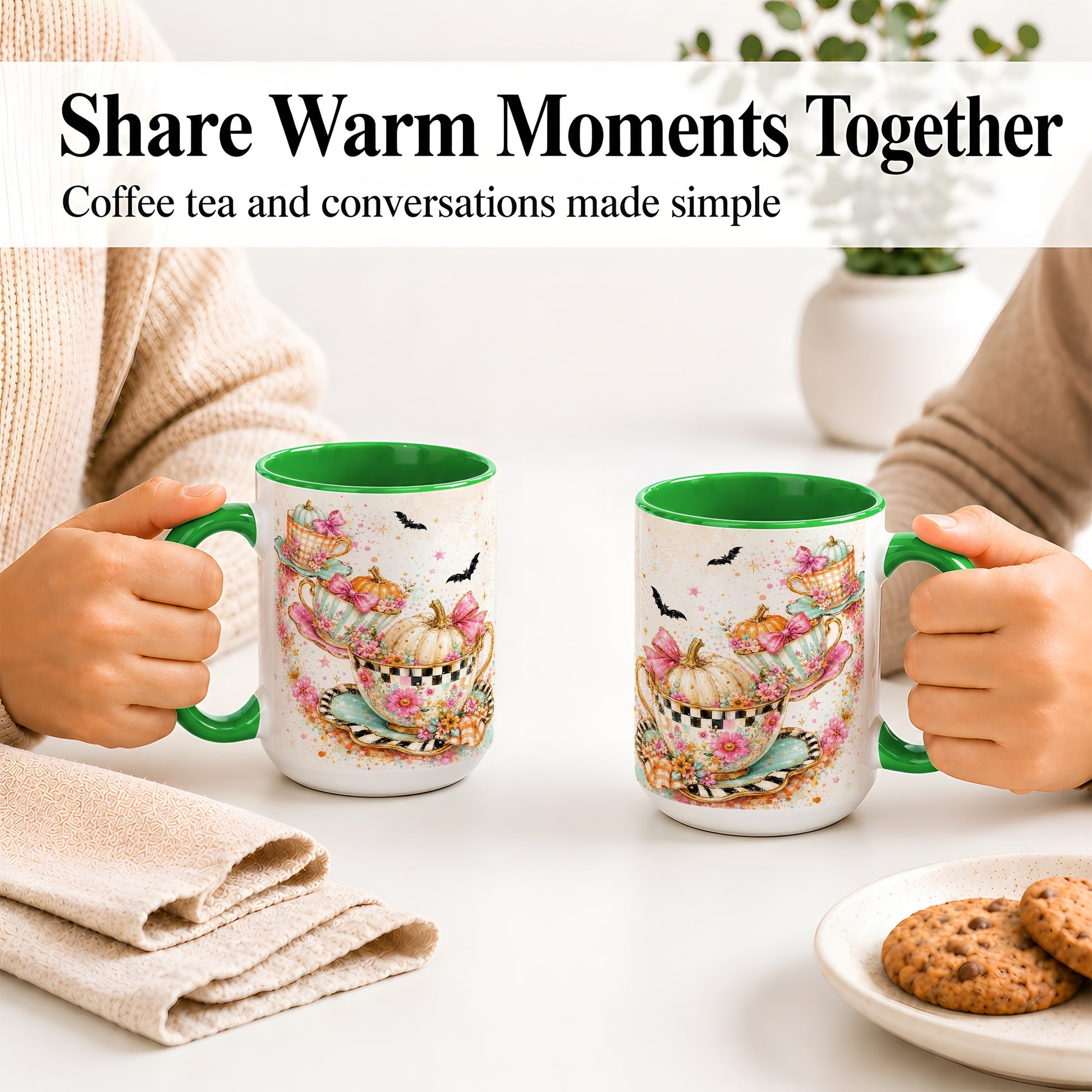 #pl[15oz|Green] Pumpkin Tea Cup Ceramic Coffee Cup, Mug with Floral Bow Artwork
