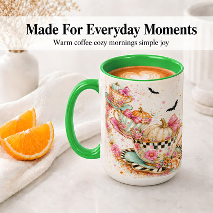 #pl[15oz|Green] Pumpkin Tea Cup Ceramic Coffee Cup, Mug with Floral Bow Artwork