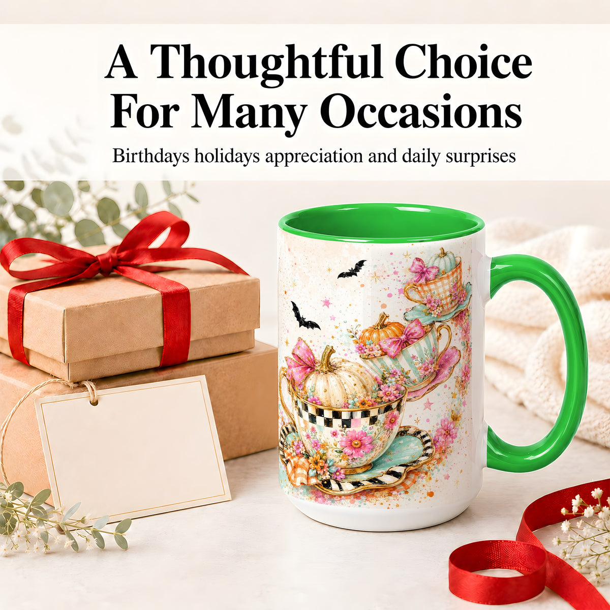 #pl[15oz|Green] Pumpkin Tea Cup Ceramic Coffee Cup, Mug with Floral Bow Artwork