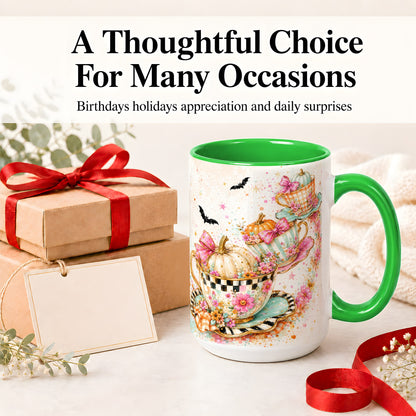 #pl[15oz|Green] Pumpkin Tea Cup Ceramic Coffee Cup, Mug with Floral Bow Artwork