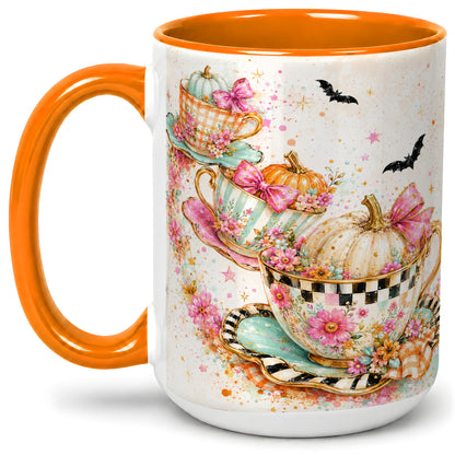 #pl[15oz|Orange] Pumpkin Tea Cup Ceramic Coffee Cup, Mug with Floral Bow Artwork