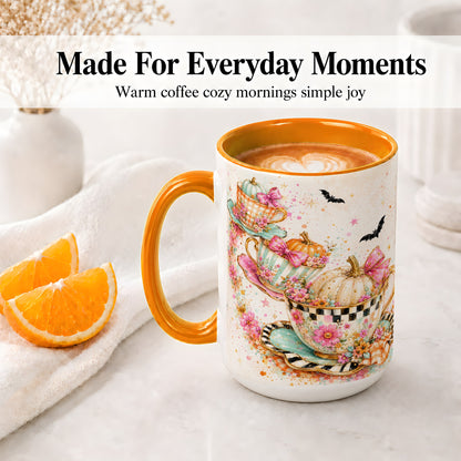 #pl[15oz|Orange] Pumpkin Tea Cup Ceramic Coffee Cup, Mug with Floral Bow Artwork