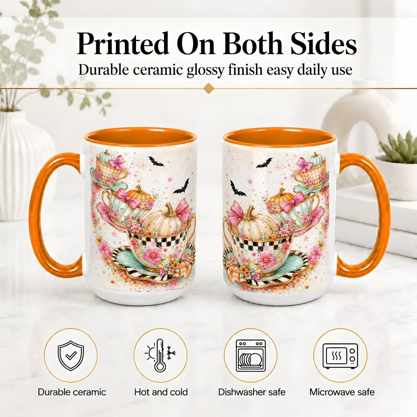 #pl[15oz|Orange] Pumpkin Tea Cup Ceramic Coffee Cup, Mug with Floral Bow Artwork