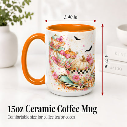 #pl[15oz|Orange] Pumpkin Tea Cup Ceramic Coffee Cup, Mug with Floral Bow Artwork