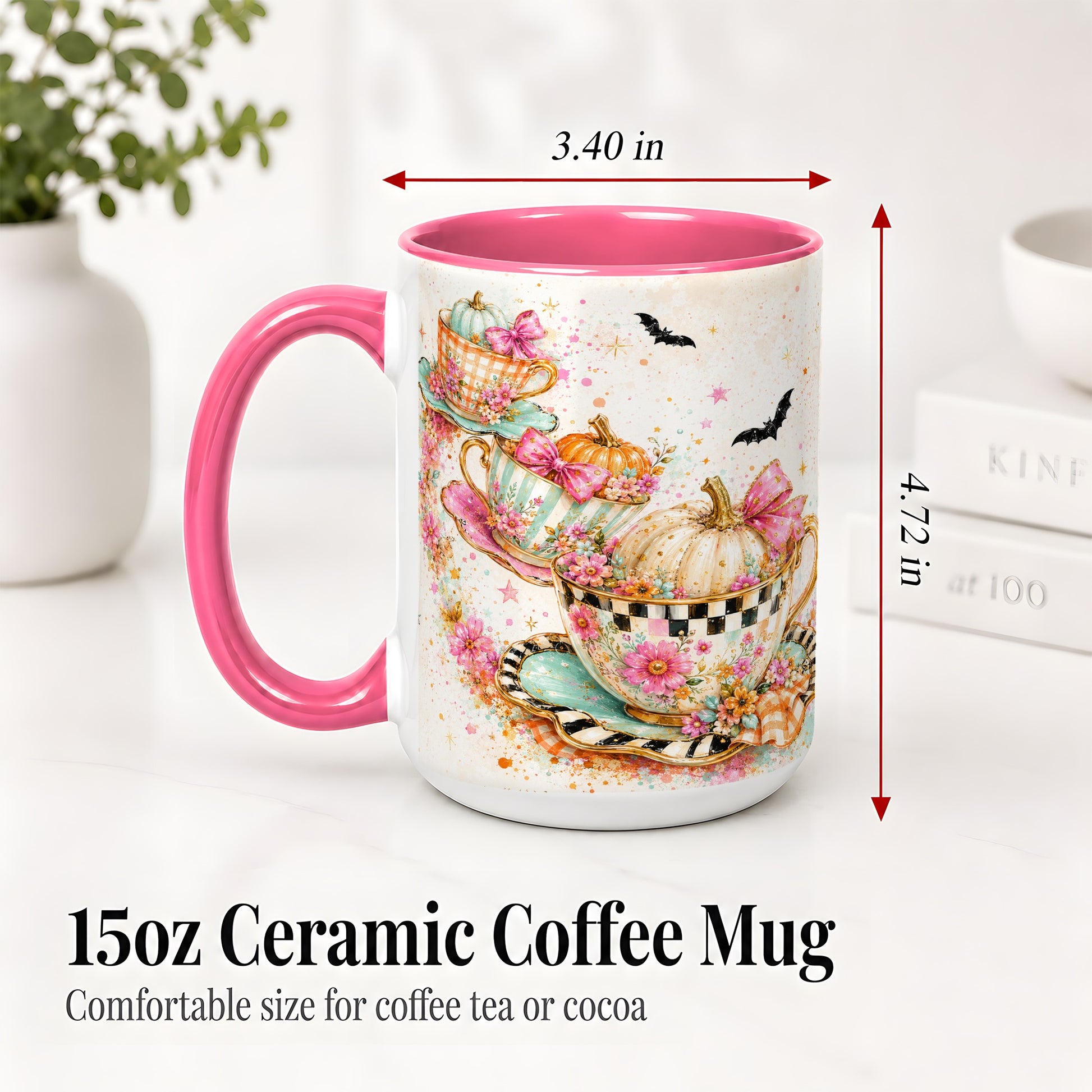 #pl[15oz|Pink] Pumpkin Tea Cup Ceramic Coffee Cup, Mug with Floral Bow Artwork