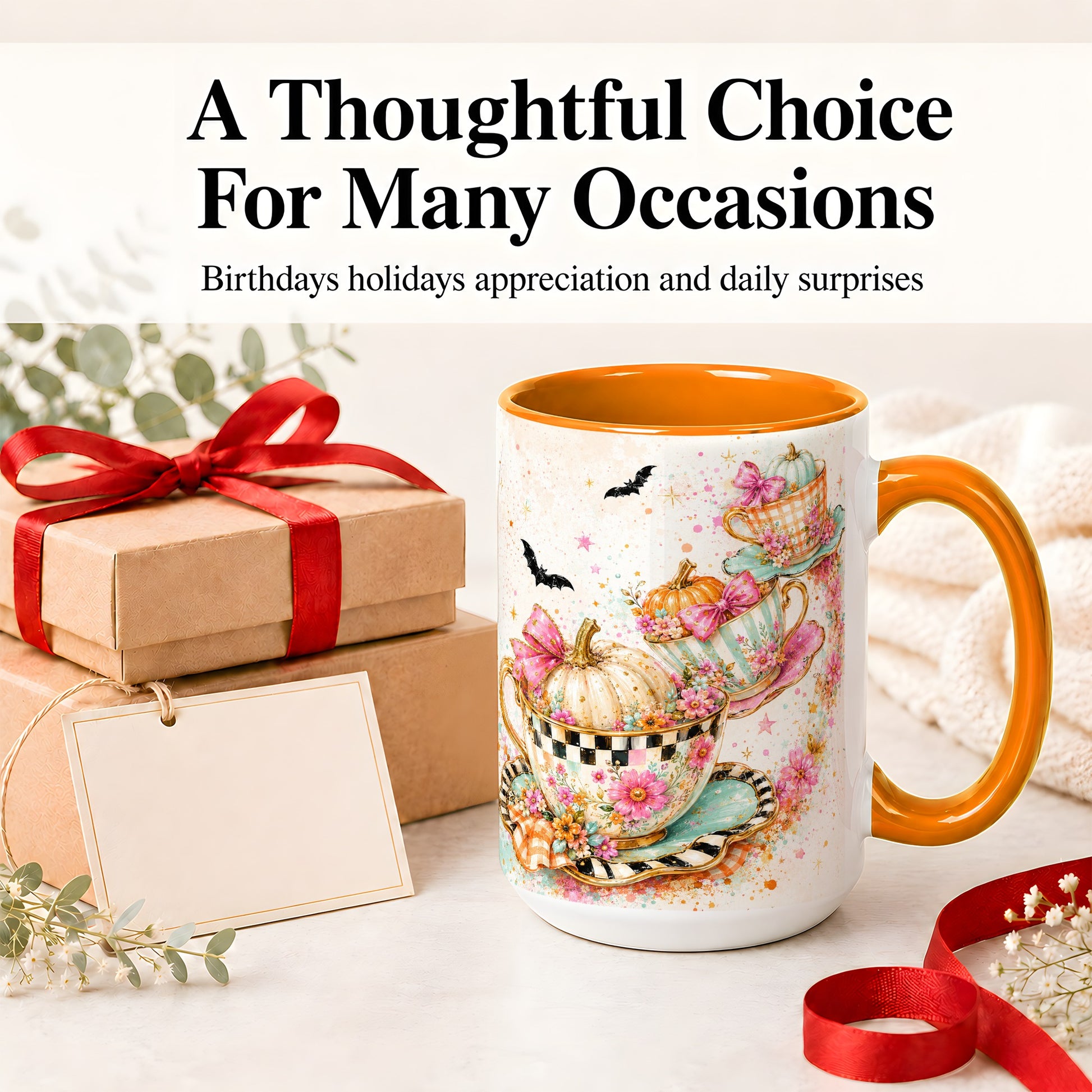 #pl[15oz|Orange] Pumpkin Tea Cup Ceramic Coffee Cup, Mug with Floral Bow Artwork